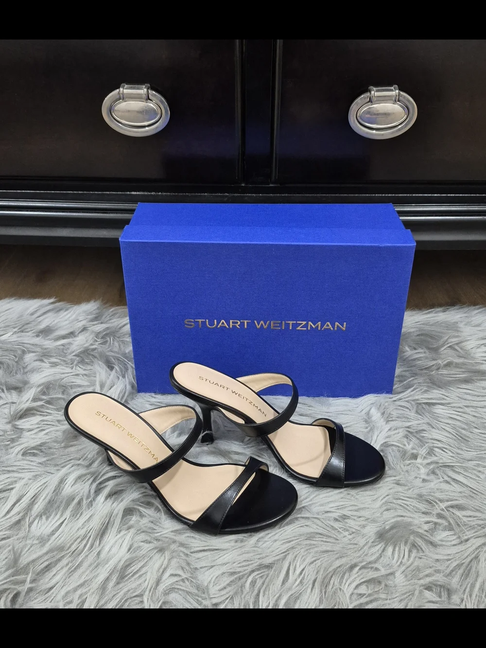 STUART WEITZMAM Nudist Slide 85 Black Suede Strappy High-Heel Sandals Size 7.5B